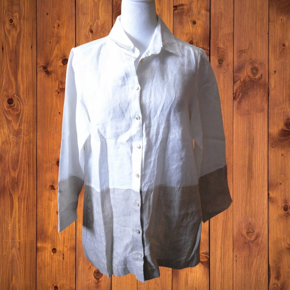 iLinen Women's Medium Two Toned 100% Linen Off White/Natural Button Front Blouse